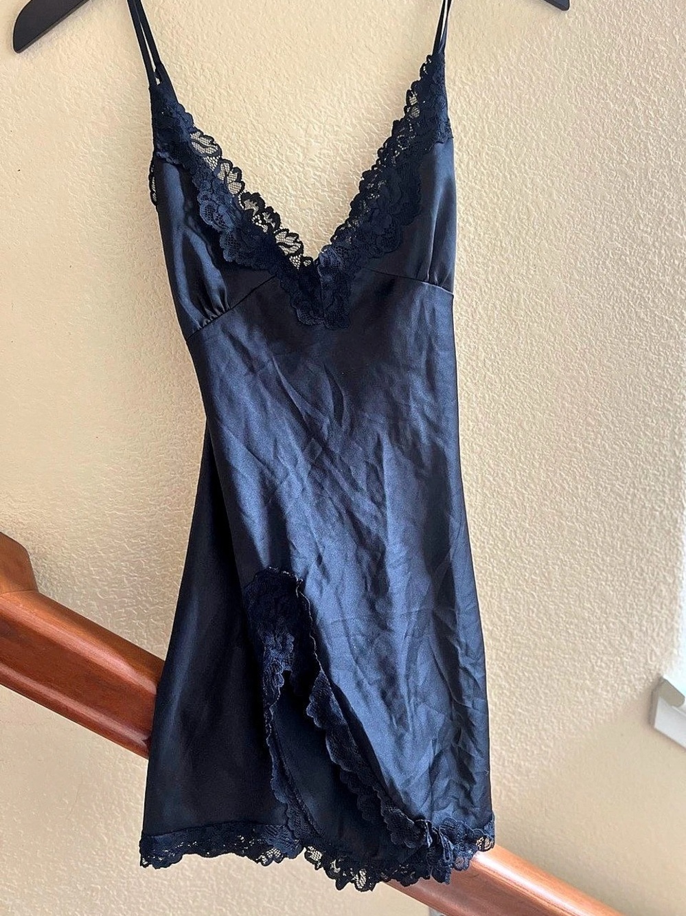 Black Satin Lace Trim Slip Dress Size L